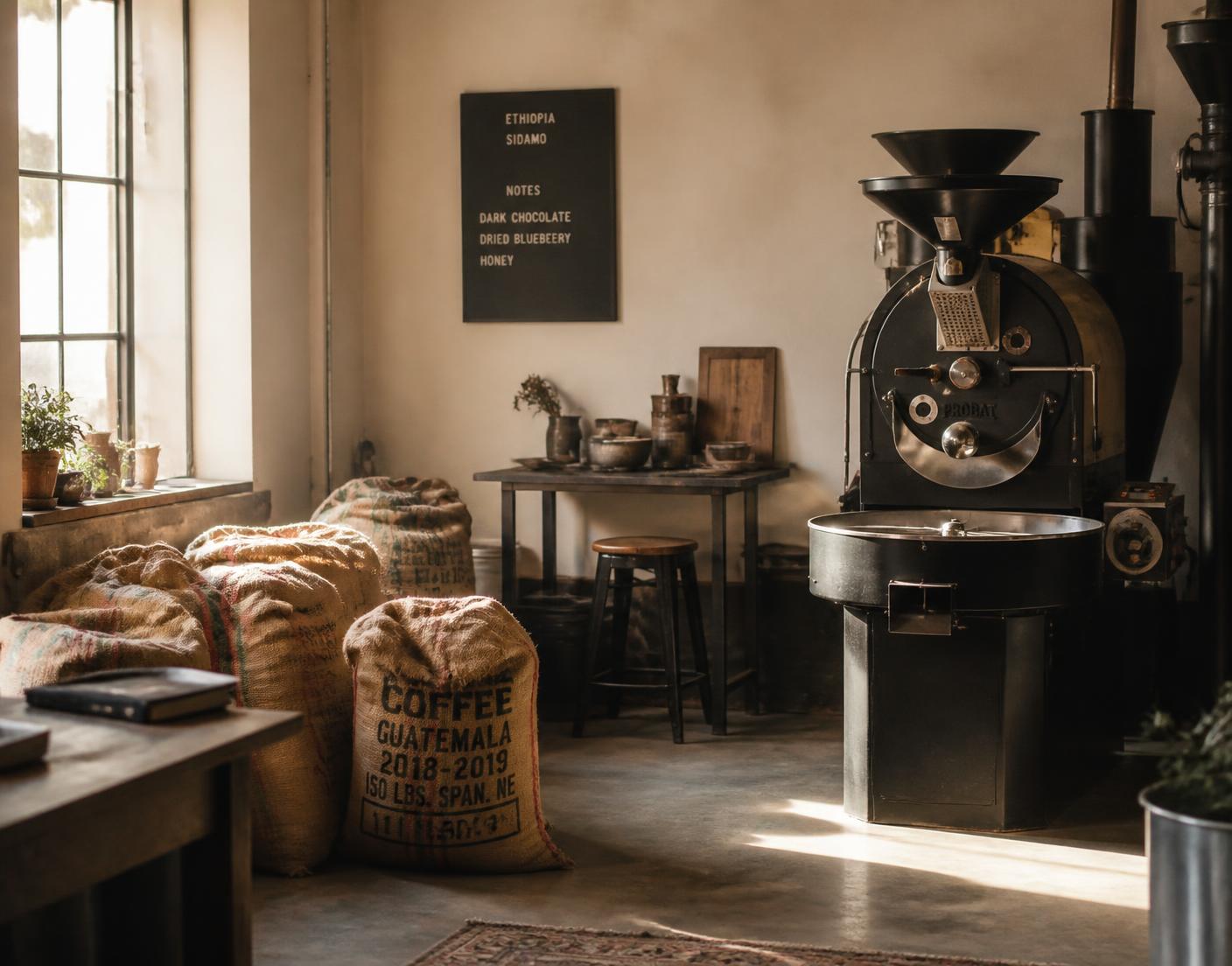 Craft coffee roastery interior with a drum roaster and sacks of green coffee