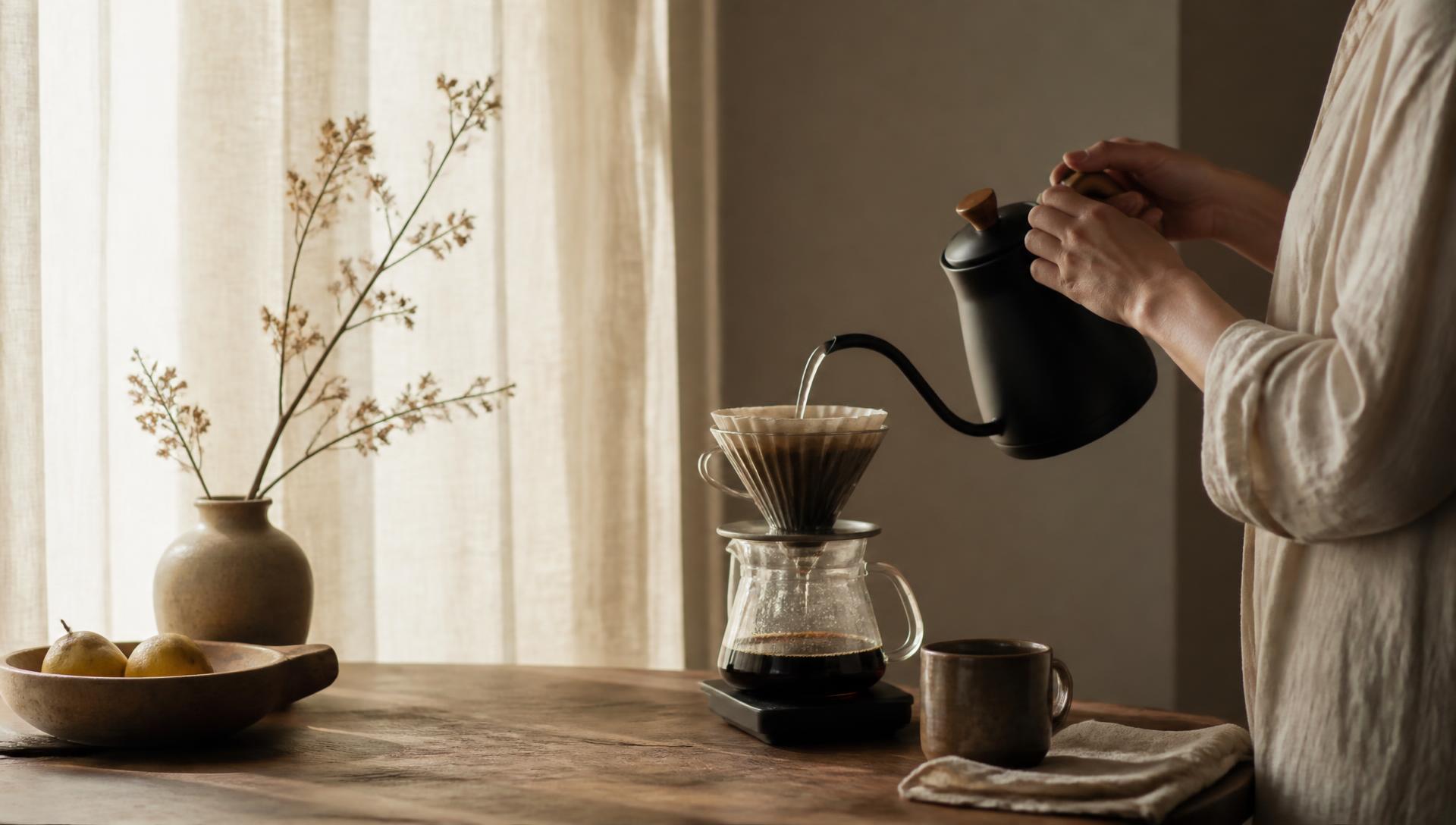 Person pouring water from a gooseneck kettle into a pour-over dripper on a wooden table