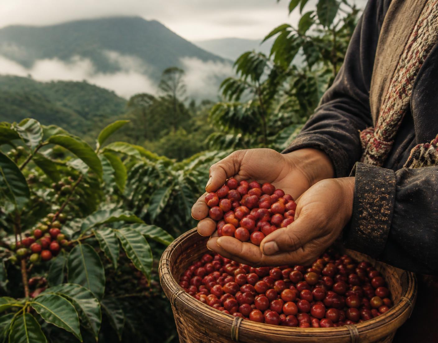 Hands holding ripe red coffee cherries above a woven basket on a highland coffee farm